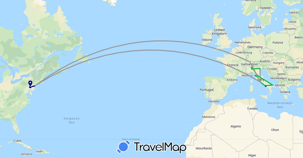 TravelMap itinerary: driving, bus, plane in Switzerland, Italy, United States (Europe, North America)
